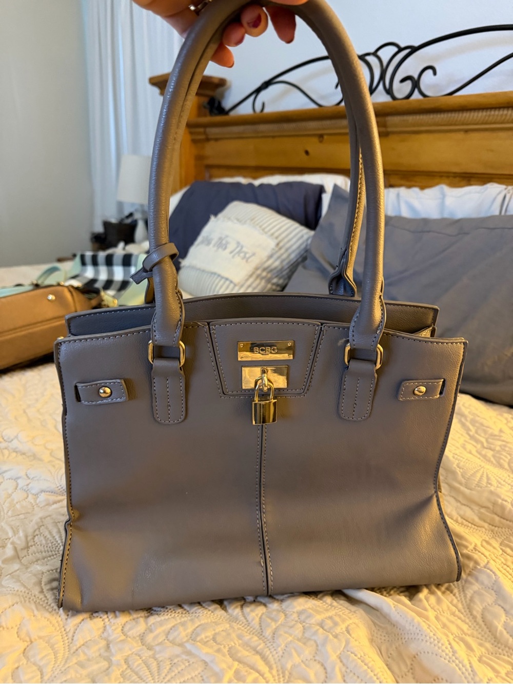 BCBG Gray Leather Satchel with Gold Hardware